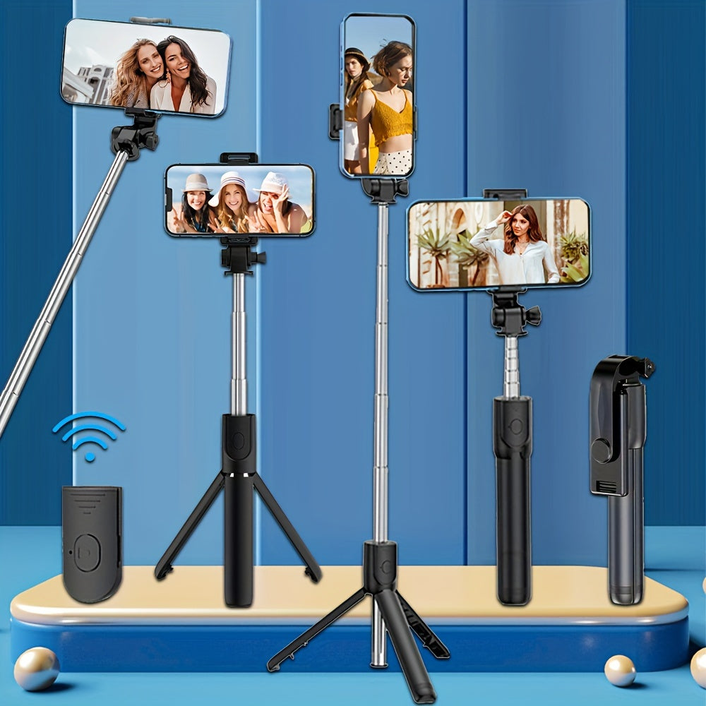 Specialized floor tripod with mini rotating phone holder and wireless selfie stick for stable vlogging and live streaming on the go.