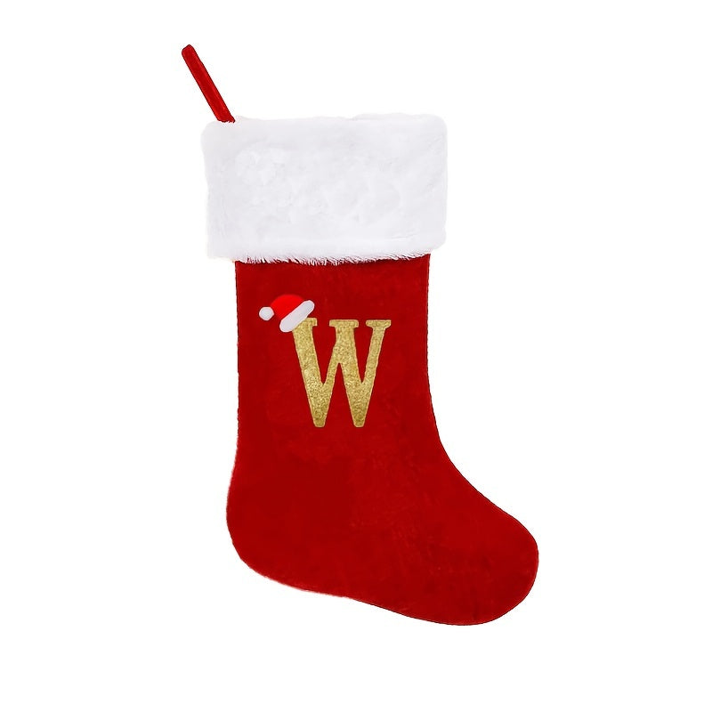 1pc Red Velvet Christmas Stocking with White Soft Cuff, Embroidered Xmas Decorations for Family Holiday Season