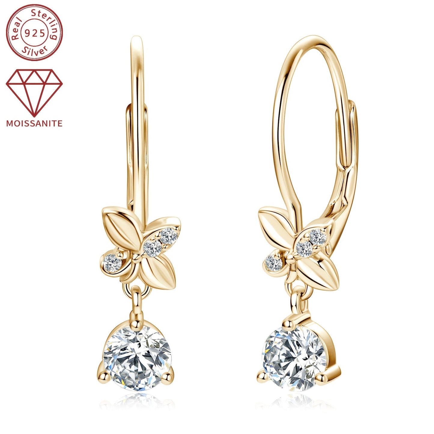 These 925 Silver earrings feature a pair of Moissanite stones, with measurements of 5mm x 2pcs and 1.3mm x 6pcs. The total carat weight is 0.53ct x 2pcs, making for a stunning and stylish pair of dangle earrings. These round synthetic Moissanite earrings