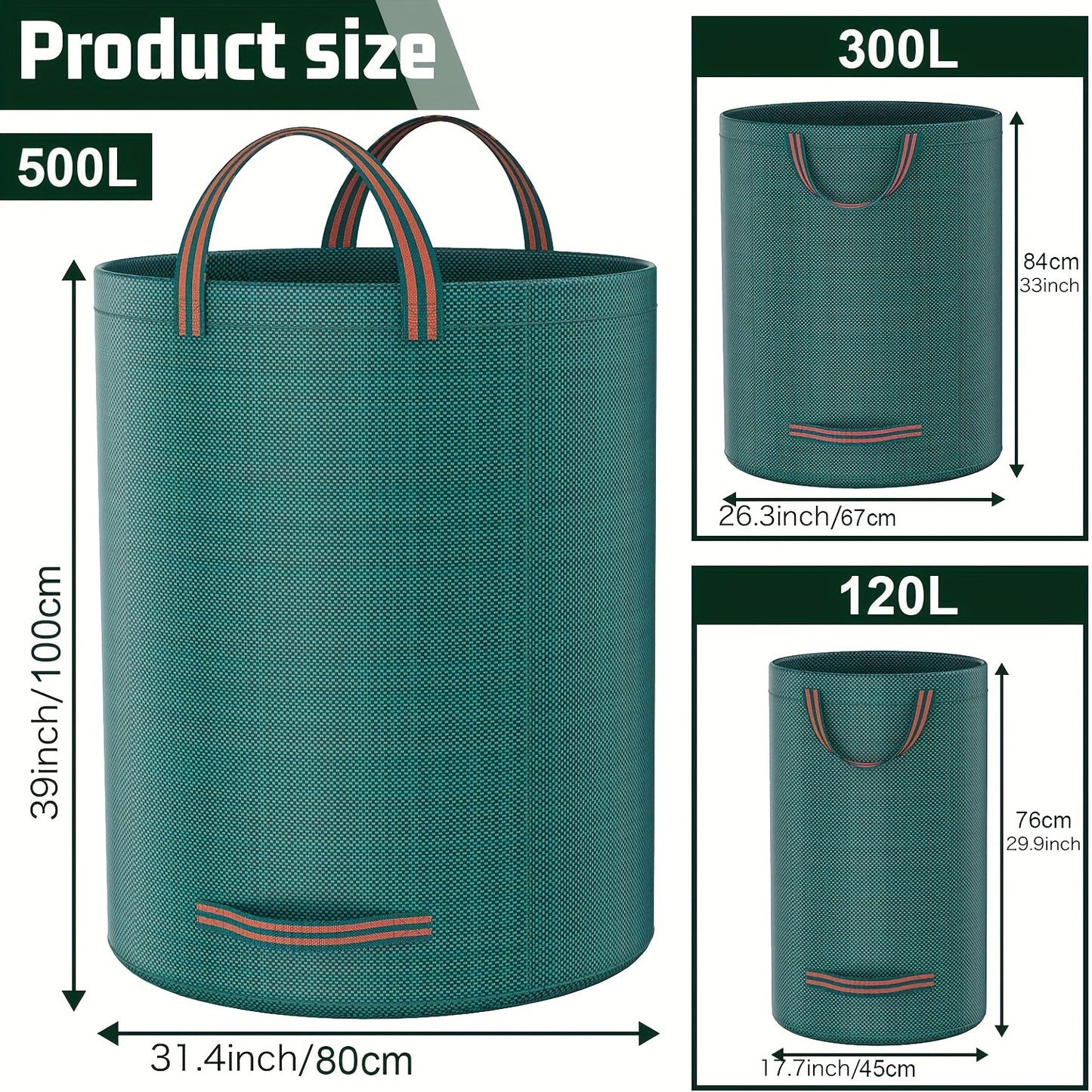 1pc Heavy Duty Garden Waste Bag, available in 500L, 300L, and 120L sizes. These reusable bags are made of UV and water resistant PP material, with handles for easy transport. Perfect for