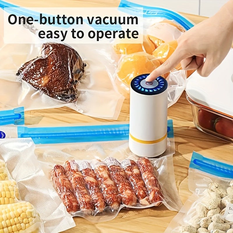 Get your hands on the 1pc Mini Electric Vacuum Sealer, a convenient handheld machine perfect for sealing food. It comes with 2 sizes of sealing bags: 3P (21.59x20.32cm) and 2P (27.94x25.4cm). Use it for vacuum storage, refrigerator storage, and