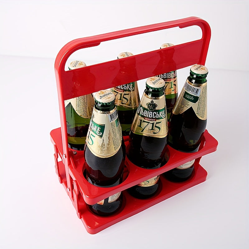 Portable collapsible plastic beer carrier for 6 bottles, ideal for bars, picnics, restaurants, and catering.