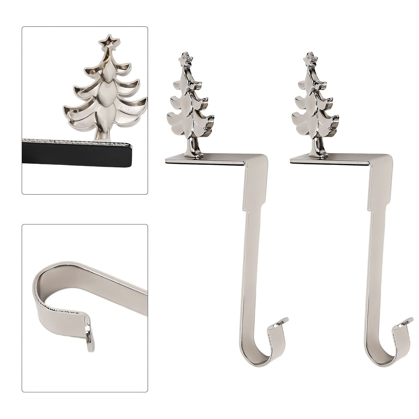 Set of 2 Christmas Mantel Stocking Holders - Stainless Steel with Silvery Finish, Decorated with Santa Claus, Snowman, Elk, and Snowflake Designs, Complete with Hooks