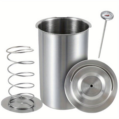 304 Stainless Steel Meat Pressing Barrel with Snap-On Lid, Real-Time Thermometer, Durable, Smooth Edge for Efficient Ham Making.