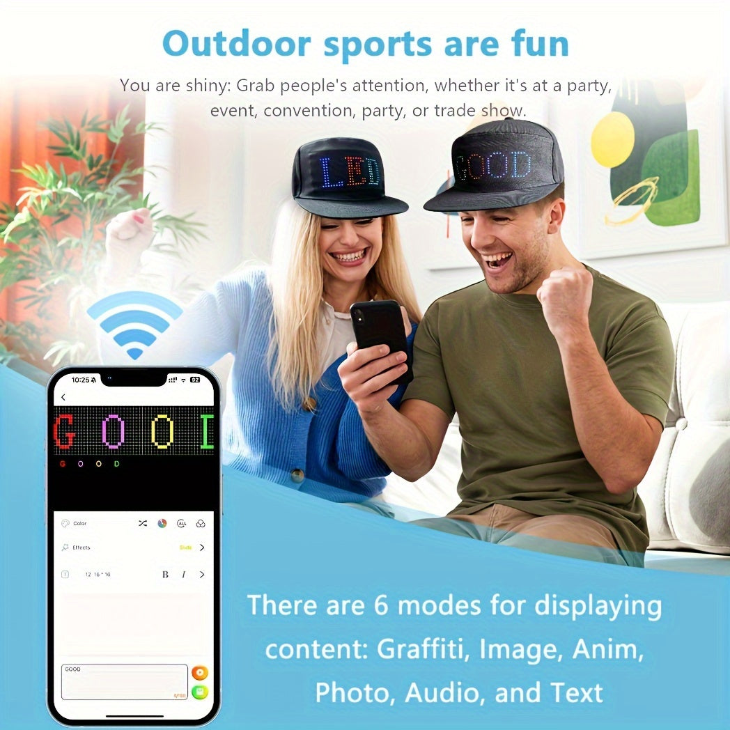 OWNZNN LED Light-Up Baseball Cap with full color matrix display, wireless app control, customizable messages & animations, USB charging, lightweight design. Perfect for outdoor events