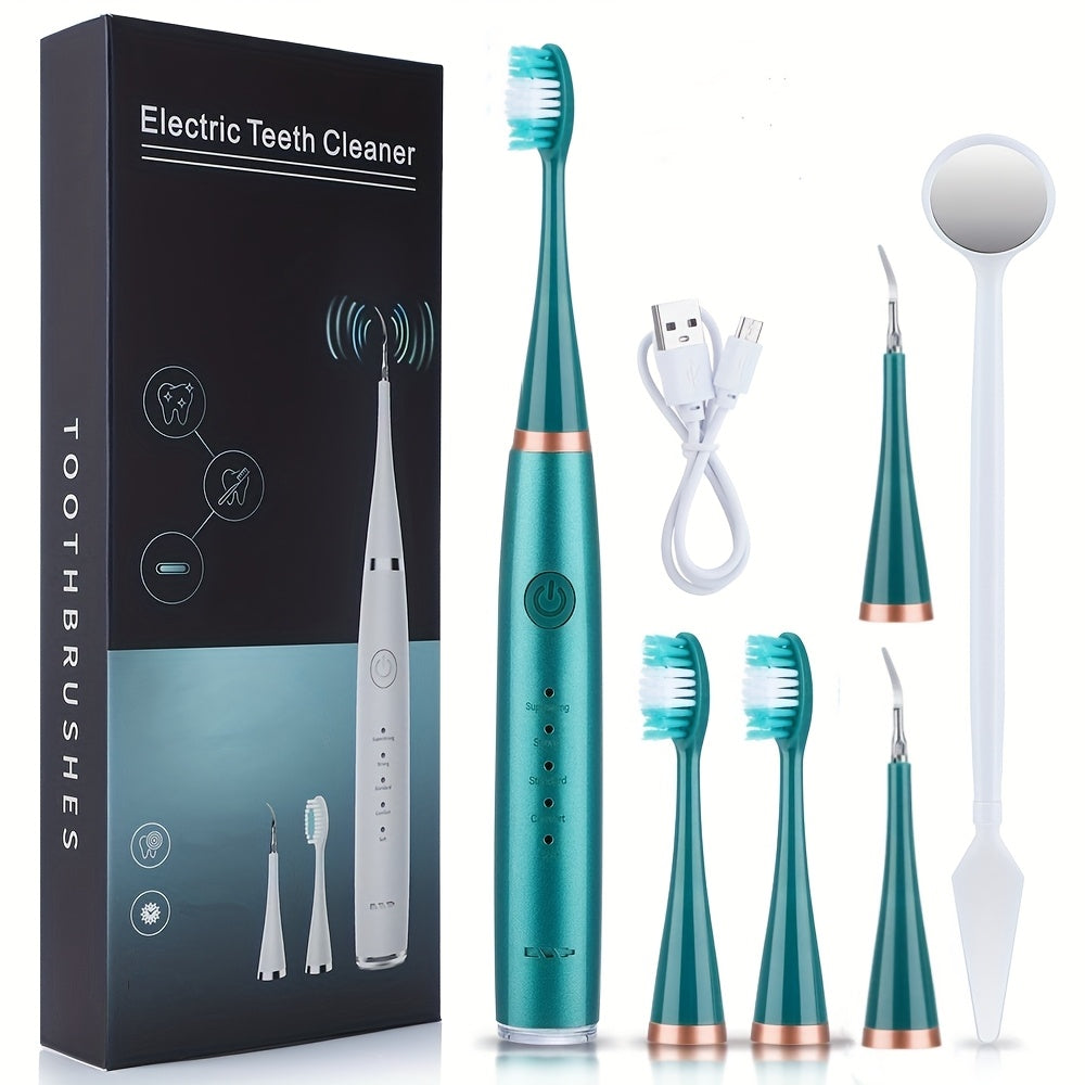 Portable six-in-one electric toothbrush kit with gentle brush head and teeth scaling beauty tool for easy use and personalized smile perfection.