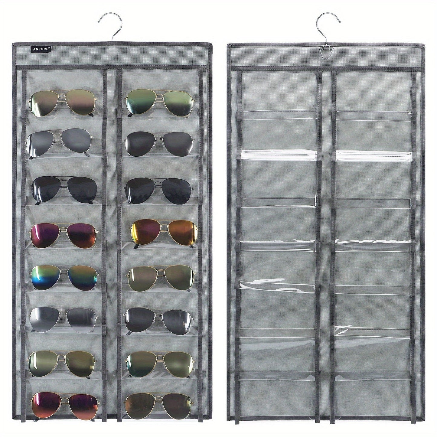 Dual Sided Hanging Sunglasses Organizer with 32 Dust Proof Pockets - Sunglass Rack for Home.