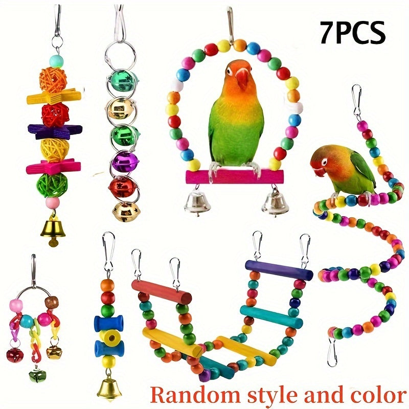 Bird toy set with swing, climbing ladder, stairs, colorful bells, and chew toys for small and medium parrots to relieve boredom and provide educational training. Available in sets of 3, 5