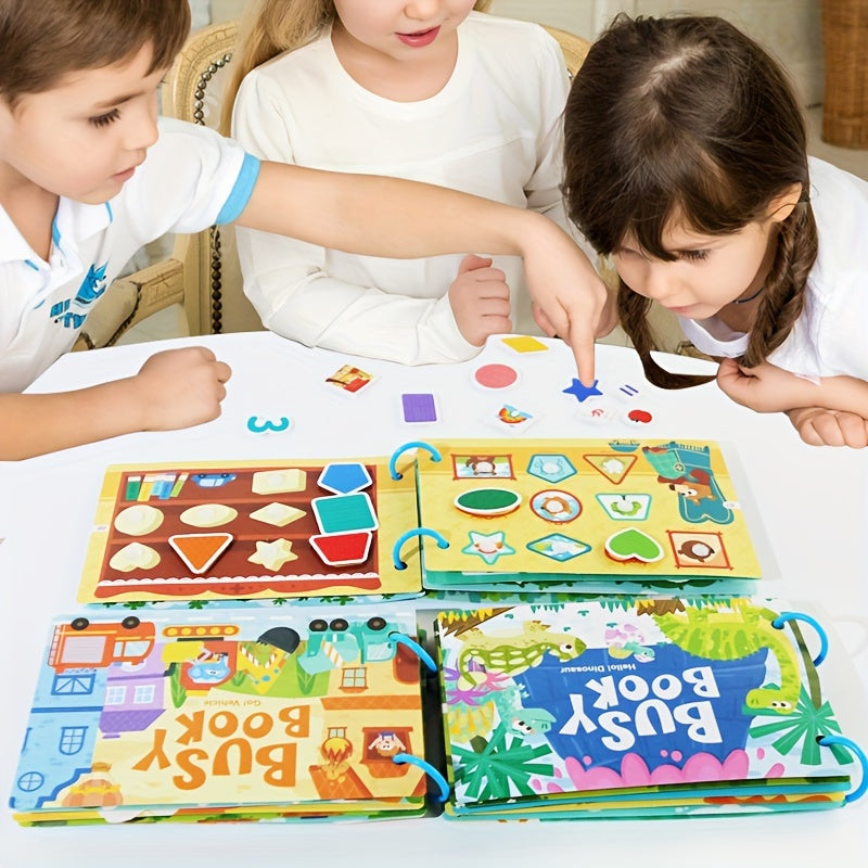 Educational puzzle toy for children with animal and transportation themes, quiet book for fine motor skill development in mixed colors.