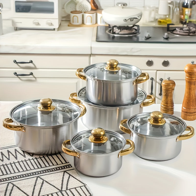 10-piece cookware set with gold-plated stainless steel double-handled soup pots for outdoor use.