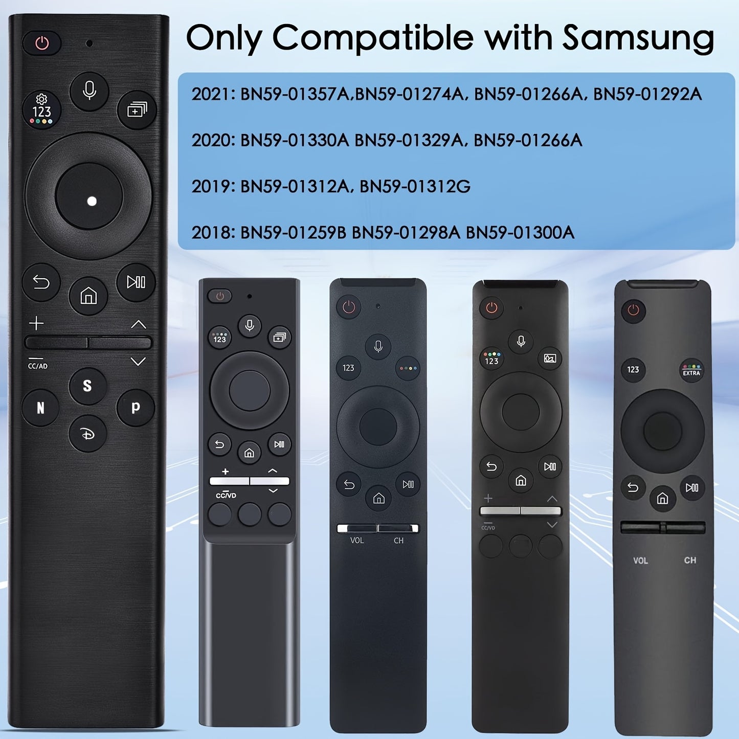 2022 model voice remote for Samsung Smart TV, compatible with 2018-2022 models, infrared & wireless, battery powered, voice search, battery not included.