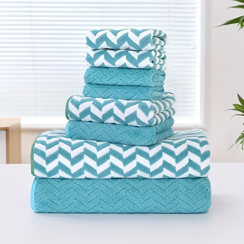 8-piece Chevron Stripe Towel Set for quick-drying absorbency in bathroom, Home, Hotel, and Spa. Includes 2 Bath Towels, 2 Hand Towels, and 4 Washcloths made of 280gsm Polyester.