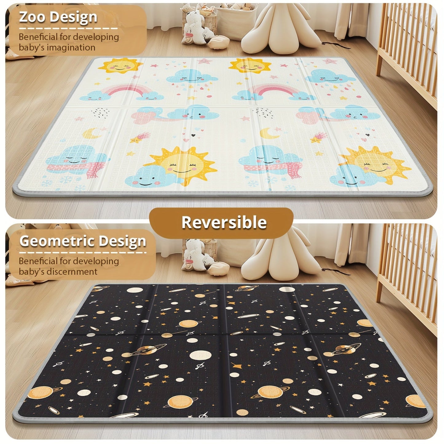 1 piece Play Mat measuring 127.0 x 127.0 cm and 1.52 cm thick. This reversible mat features a waterproof PE surface and is easily foldable. With a double-sided design featuring both Zoo and Geometric patterns, this safe foam playmat is ideal for