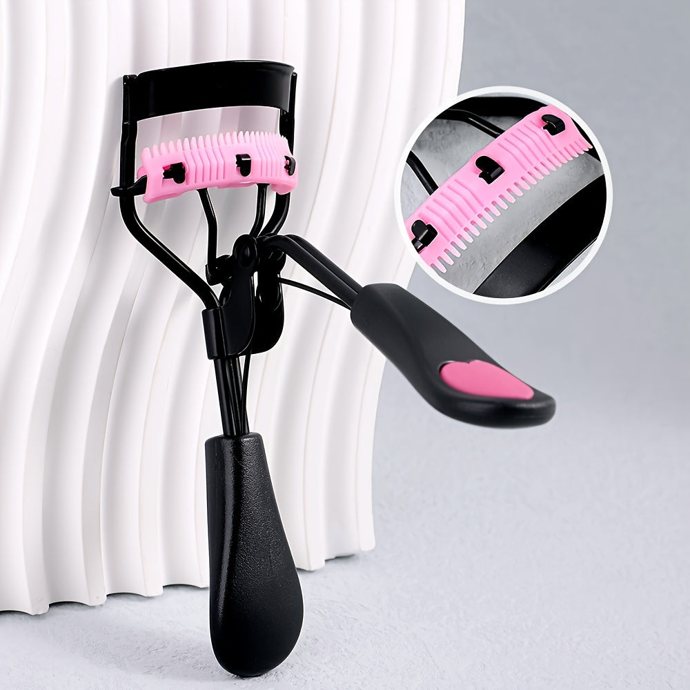 Compact eyelash curler with stainless steel curler and comb for lasting curl, ideal for daily use to enhance lashes.