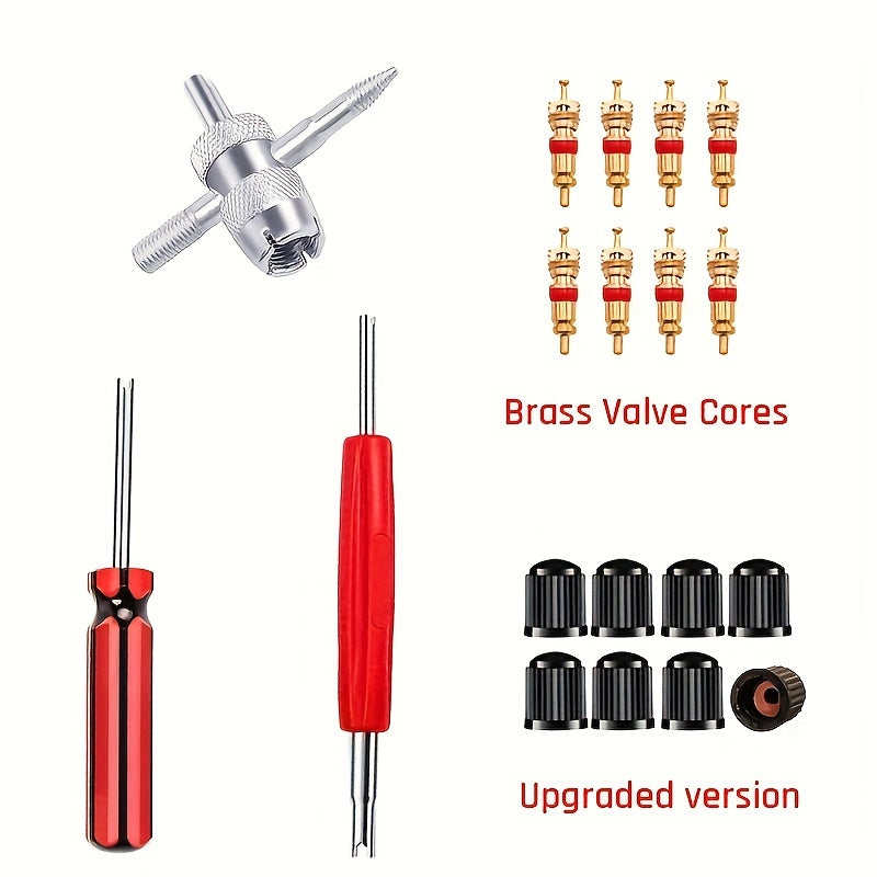 Set of tools for repairing air conditioners, includes a dual-headed wrench, 8 brass valve cores, and 8 upgraded plastic caps. Made of metal construction and does not require electricity.