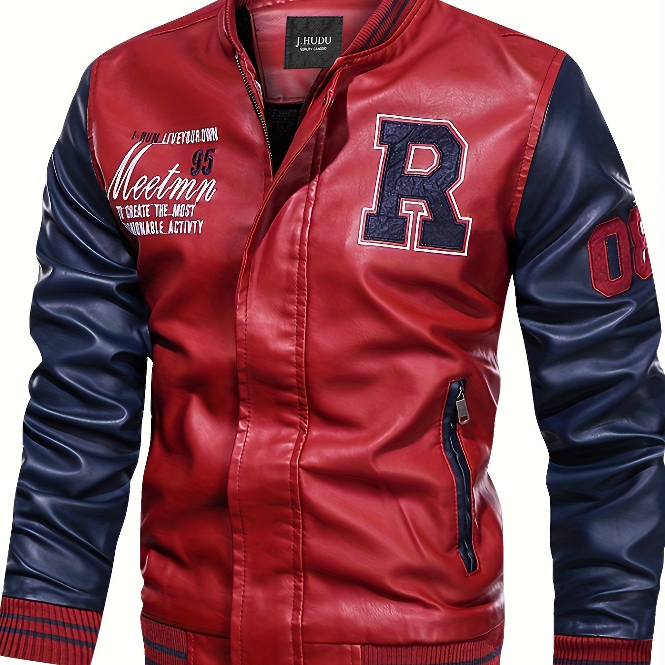 Oversized letter "R" print PU jacket for plus size men in spring/autumn. Raglan baseball jacket for big and tall males.