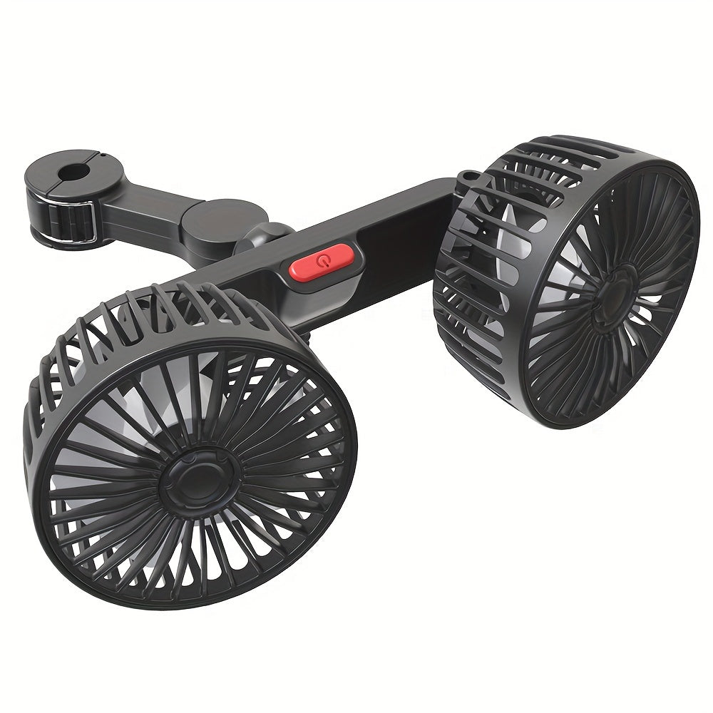 This car fan features dual-head rear fans that provide powerful airflow with 3-speed settings and 5 blades. It has an adjustable angle with 360-degree rotation for high air volume and low noise operation. The fan effectively promotes air circulation