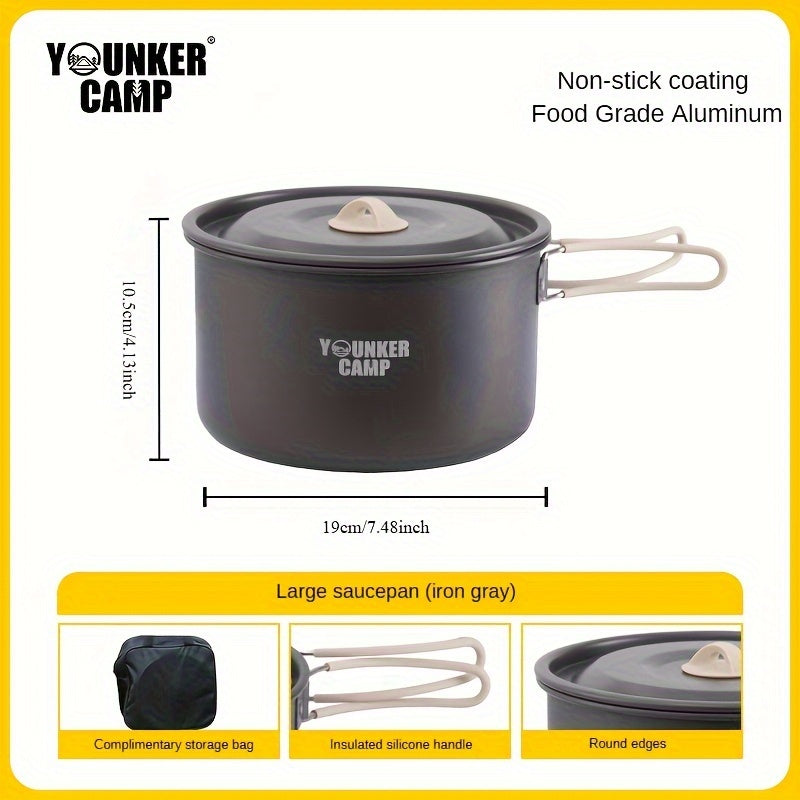 Experience the great outdoors with the YOUNKER CAMP 12-Piece Camping Cookware Set. This aluminum lightweight portable set includes camping pots and pans complete with a stove, perfect for hiking, picnics, and more. Made from food-grade materials with