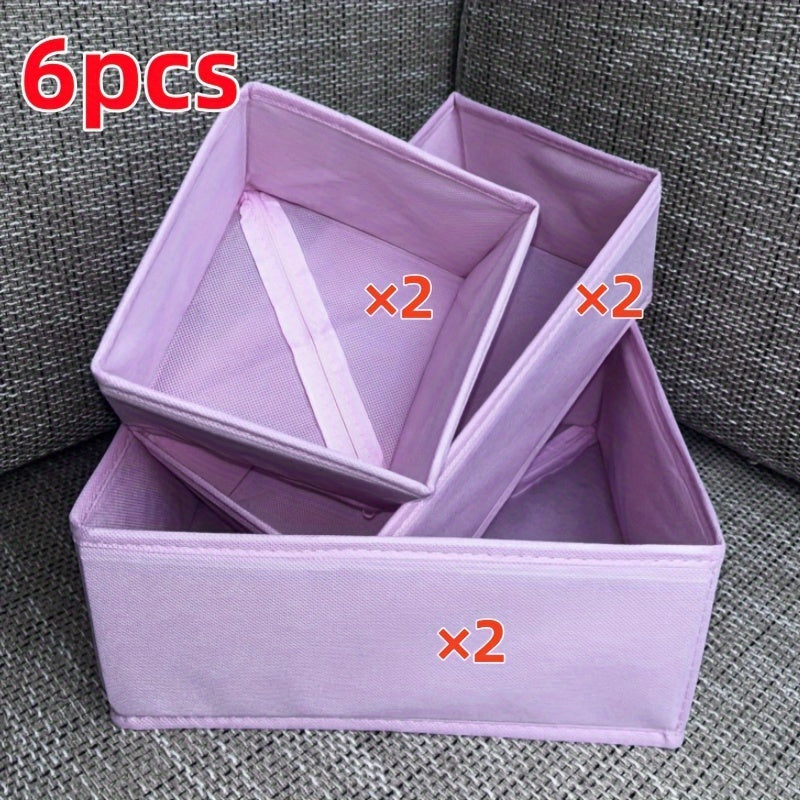 Set of 3 or 6 Classic Style Folding Storage Organizers. These rectangular multi-purpose closet organizer bins are ideal for storing clothes and accessories. They are non-waterproof drawer boxes that do not have lids, perfect for under-bed storage.