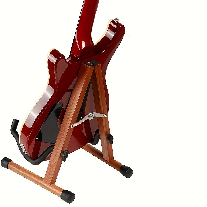 Guitar stand for acoustic, electric, bass, classic banjo, and multiple guitars, made of wood and portable with accessories.