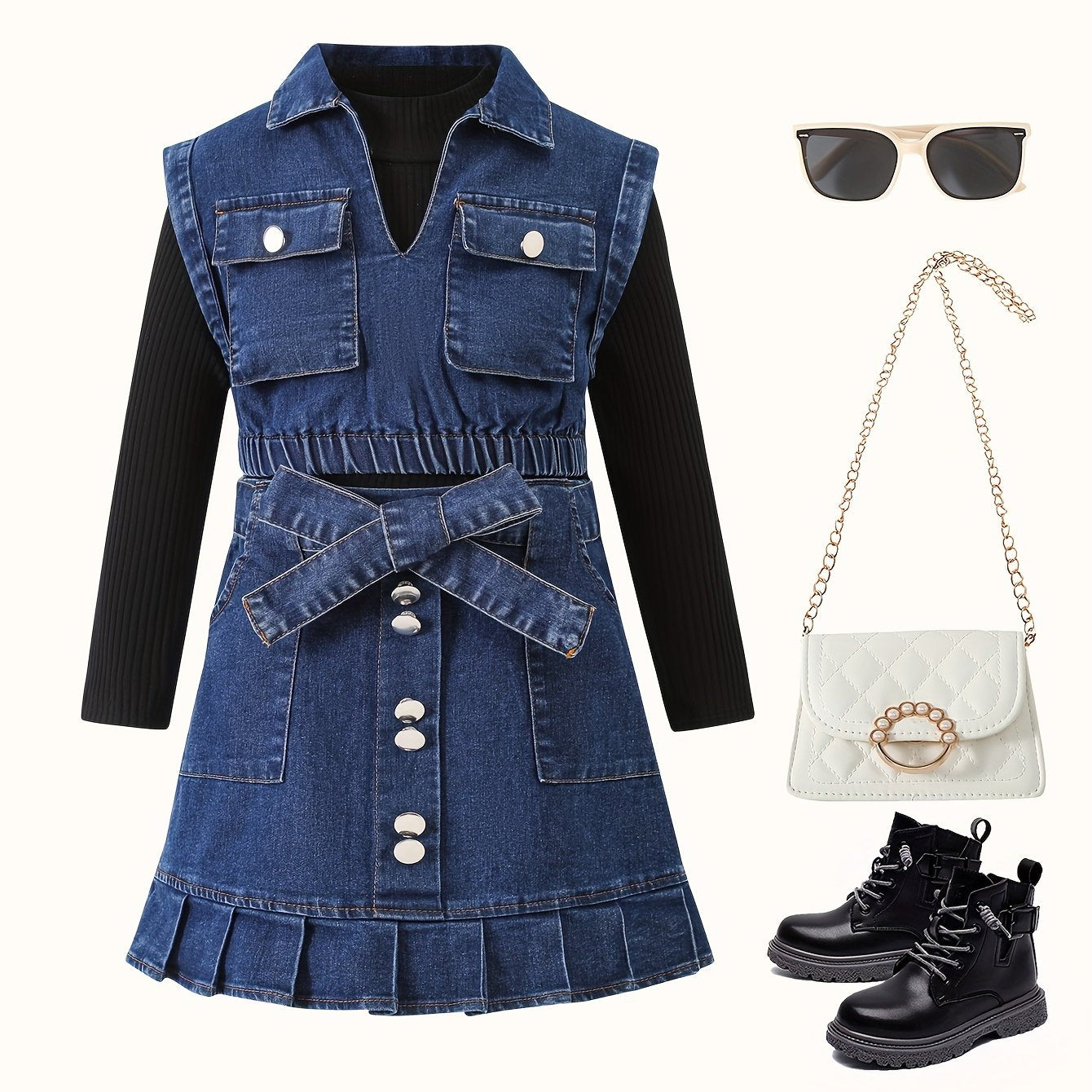 Girls' Fashion Casual Outfit Set: High neck long sleeve top with denim vest, knee-length pleated skirt with belt.