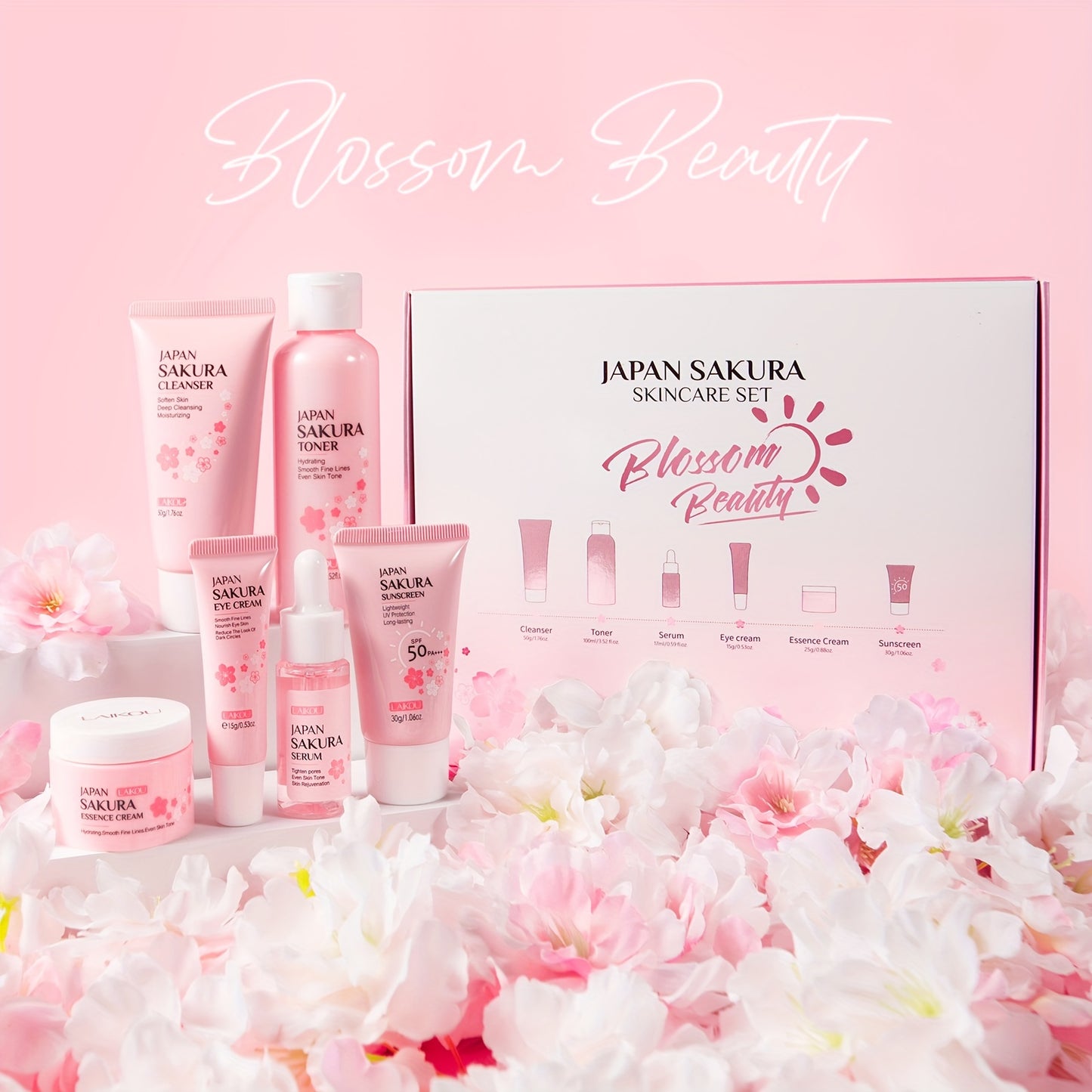 LAIKOU Sakura Skincare 6-piece Set includes Serum, Cleanser, Toner, Face Cream, Eye Cream, Day/Night Moisturizer, and Sun Cream.