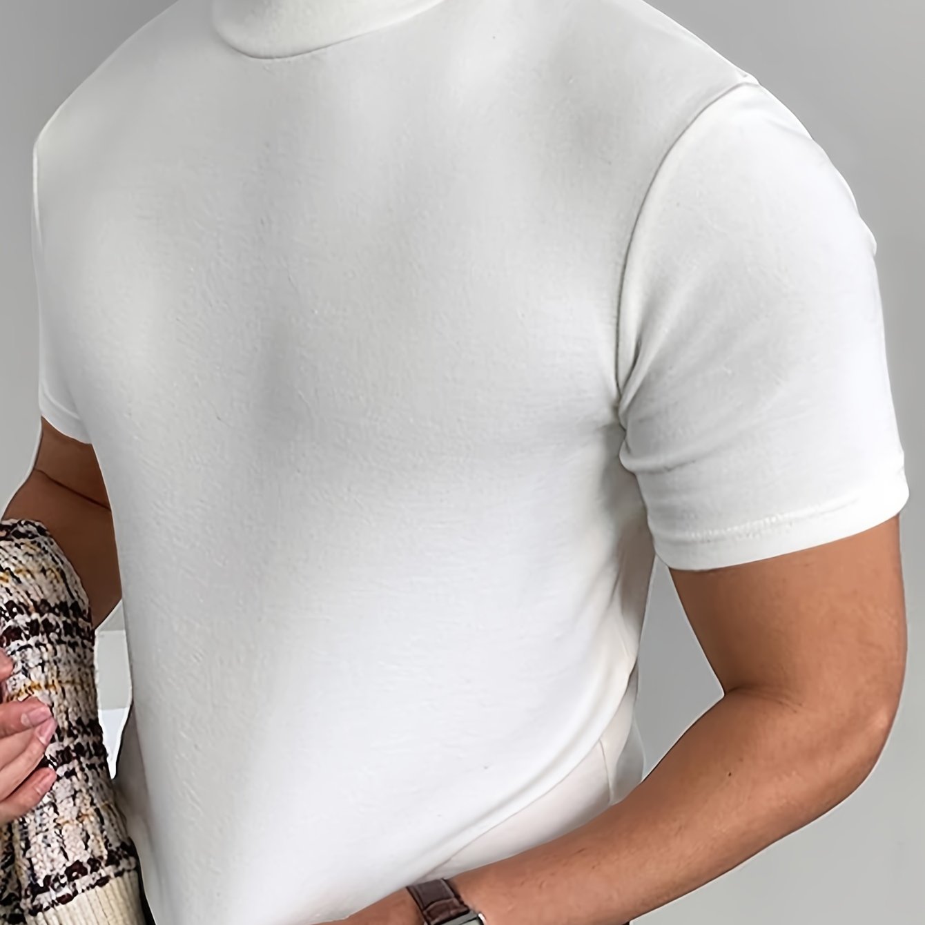 Men's summer fashion turtle neck t-shirt with short sleeves in solid color knit, ideal for daily wear.