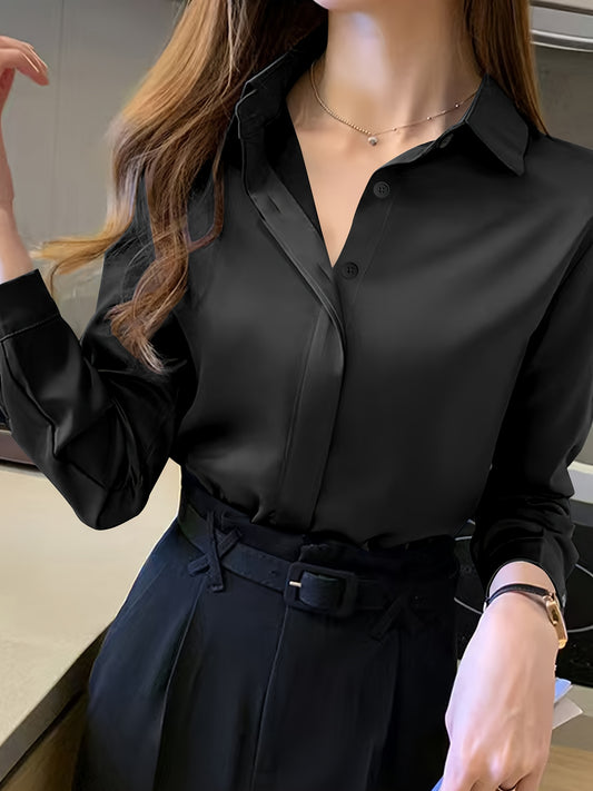 Stylish navy blue long sleeve blouse for women - suitable for work, semi-sheer polyester with button detail, ideal for spring/fall