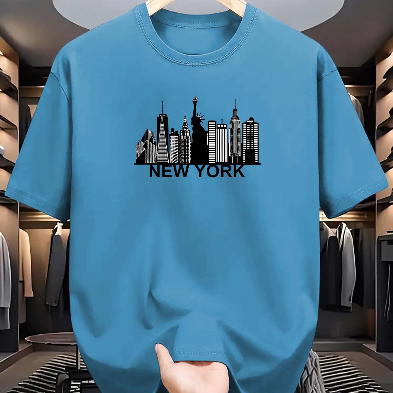 Men's light blue New York City skyline graphic t-shirt for everyday comfort. Casual polyester tee with short sleeves, round neck, and machine washable. Summer fashion essential.