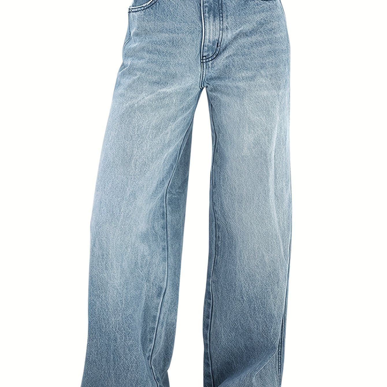 Women's wide leg jeans in plain washed blue denim, comfortable and classic design.