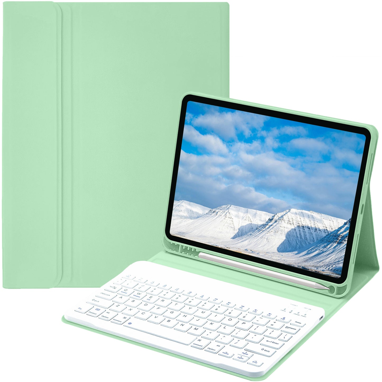 iPad keyboard case compatible with various iPad models, including iPad Air, iPad 5th-10th generation, and iPad Pro 11/12.9 inch, featuring a soft TPU back cover, pen holder, and detachable