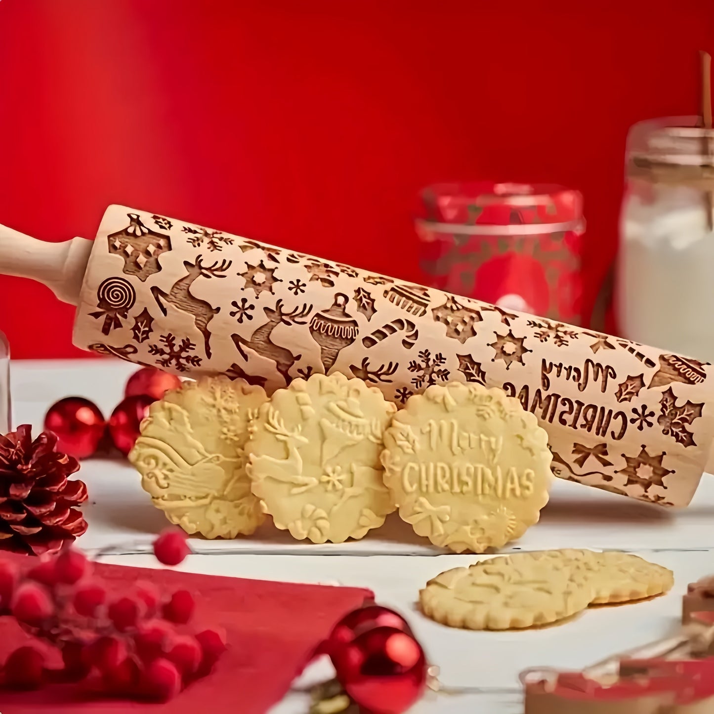 Get into the holiday spirit with our Christmas-themed Wooden Rolling Pin, featuring festive patterns perfect for cookies, pastries, and crafts. Measuring 34.8cm in length, this rolling pin is ideal for holiday baking, Thanksgiving, and Valentine's Day