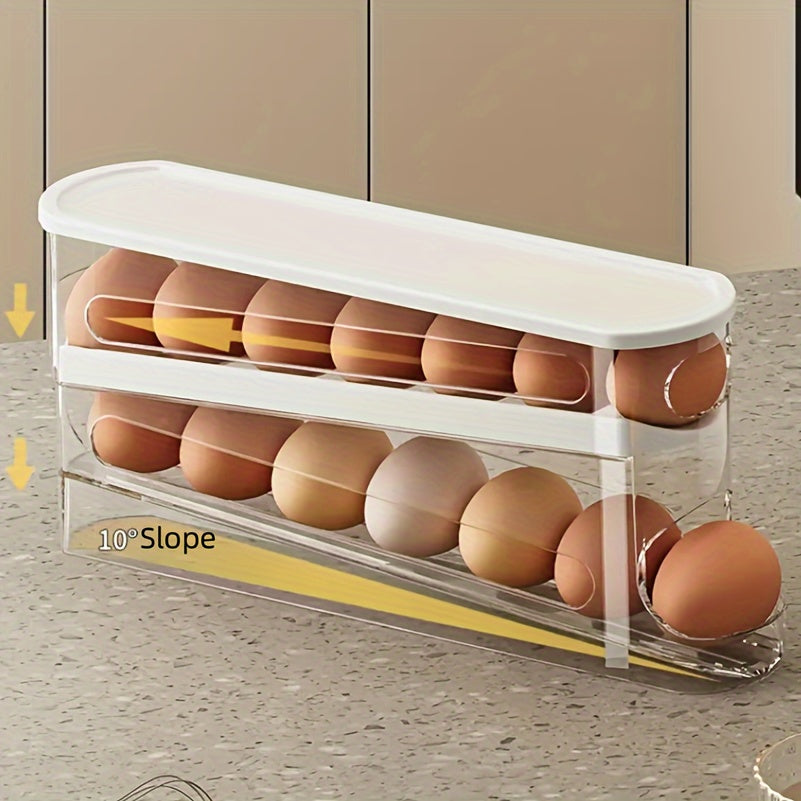 Introducing a convenient Double-Layer Transparent Automatic Rolling Egg Holder, perfect for the side door of your refrigerator. This innovative design makes accessing eggs a breeze, while also freeing up valuable space in your fridge. Versatile enough to