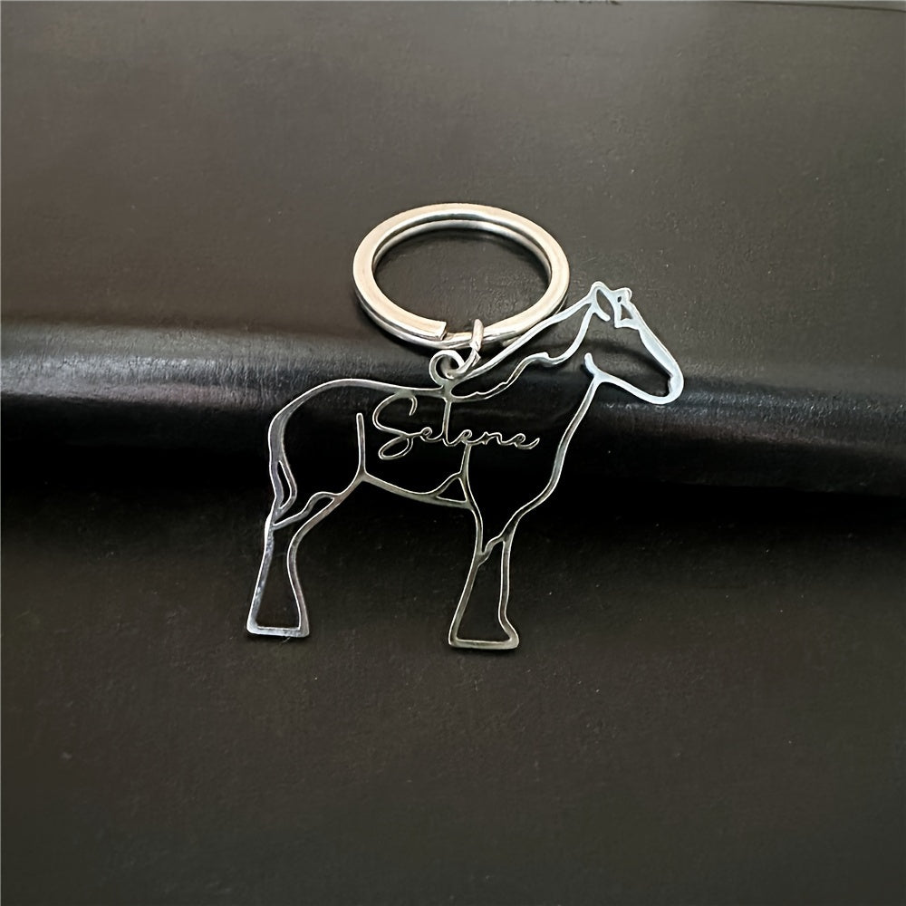 Personalized Stainless Steel Keychain with Horse Silhouette Engraving - Custom "Selena" Inscription, Elegant Animal Charm for Women, Perfect Gift for Pet Lovers, Decorative Key Ring with Round Metal Clasp