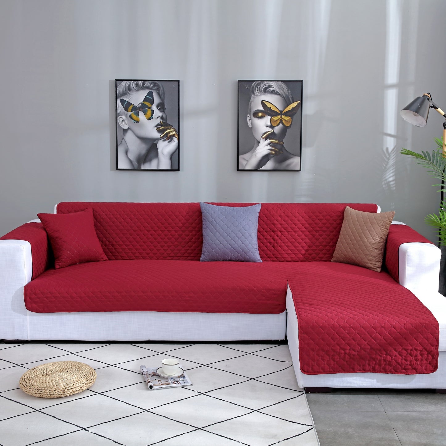 Waterproof and dustproof sofa cover for L shape sofas, pet-friendly and double-sided, perfect for living rooms, offices, and home decor.