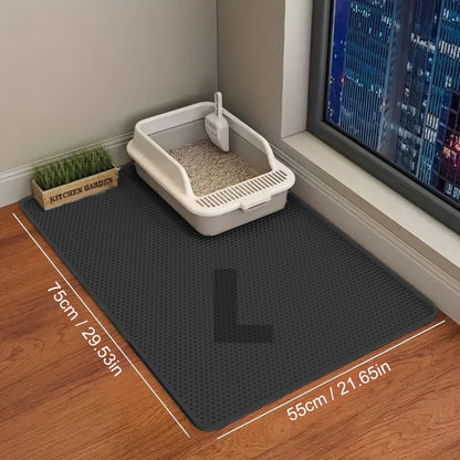 Large cat litter mat made of EVA material prevents spills and leaks, containing litter. Non-slip, washable, waterproof, and odor-resistant. Ideal for litter boxes and protecting pet items.