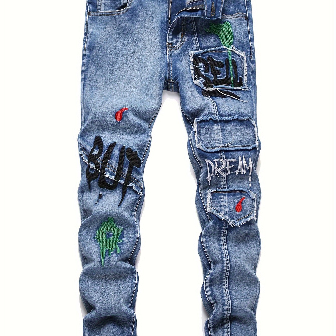 Boys' trendy embroidered graffiti jeans in stretch cotton blend denim with elastic waistband and cuffs, machine washable.