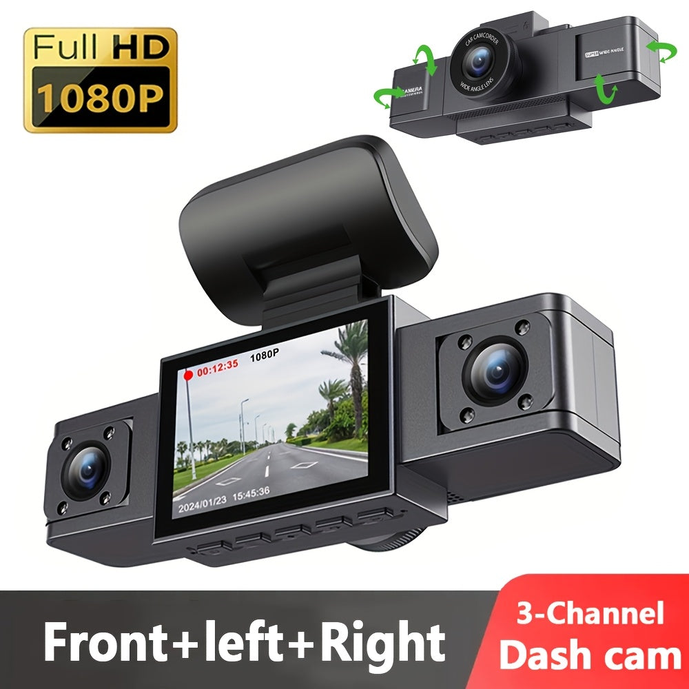 3-channel car dash cam with front, right, and left cameras, night vision, parking monitor.