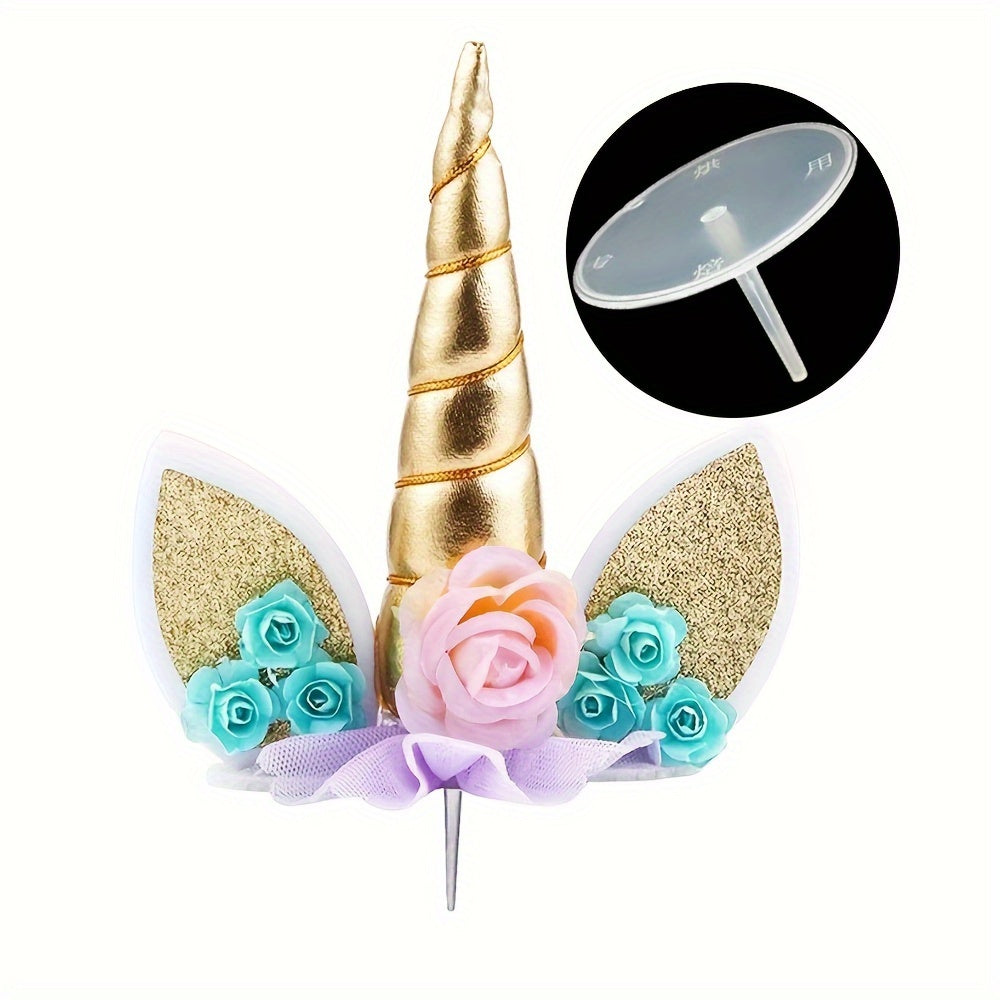 Unicorn cake topper set includes 3 pieces with eyelashes and golden horn, perfect for decorating birthday cakes.