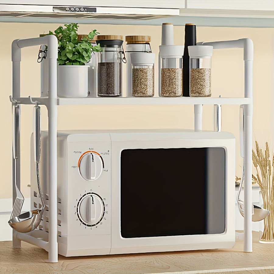 Modern Korean-style kitchen storage rack features open shelving and is multi-functional, perfect for organizing dishes and seasonings. Made of plastic, this microwave oven stand requires no assembly and saves space.