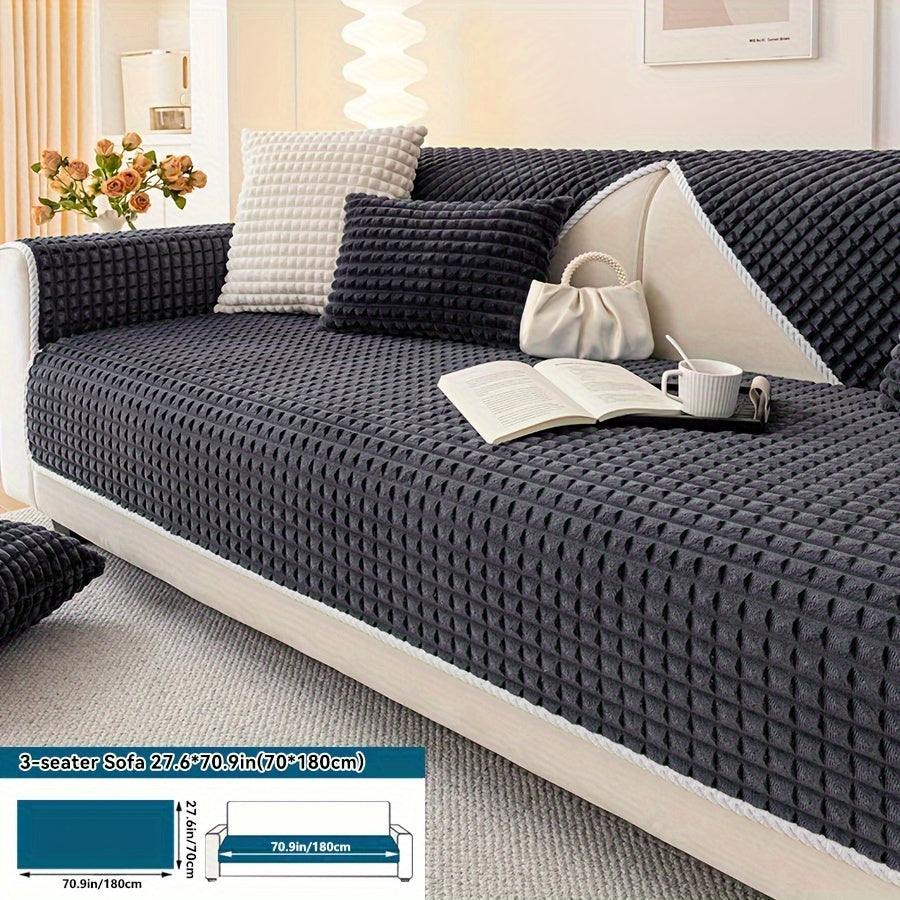 Plaid plush sofa cover with non-slip design, perfect for pets and all seasons. Suitable for various types of furniture.