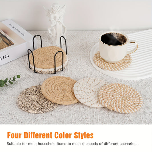 Absorbent woven coasters set with holder in 4 colors, perfect for table protection and home decor. Ideal housewarming gift.