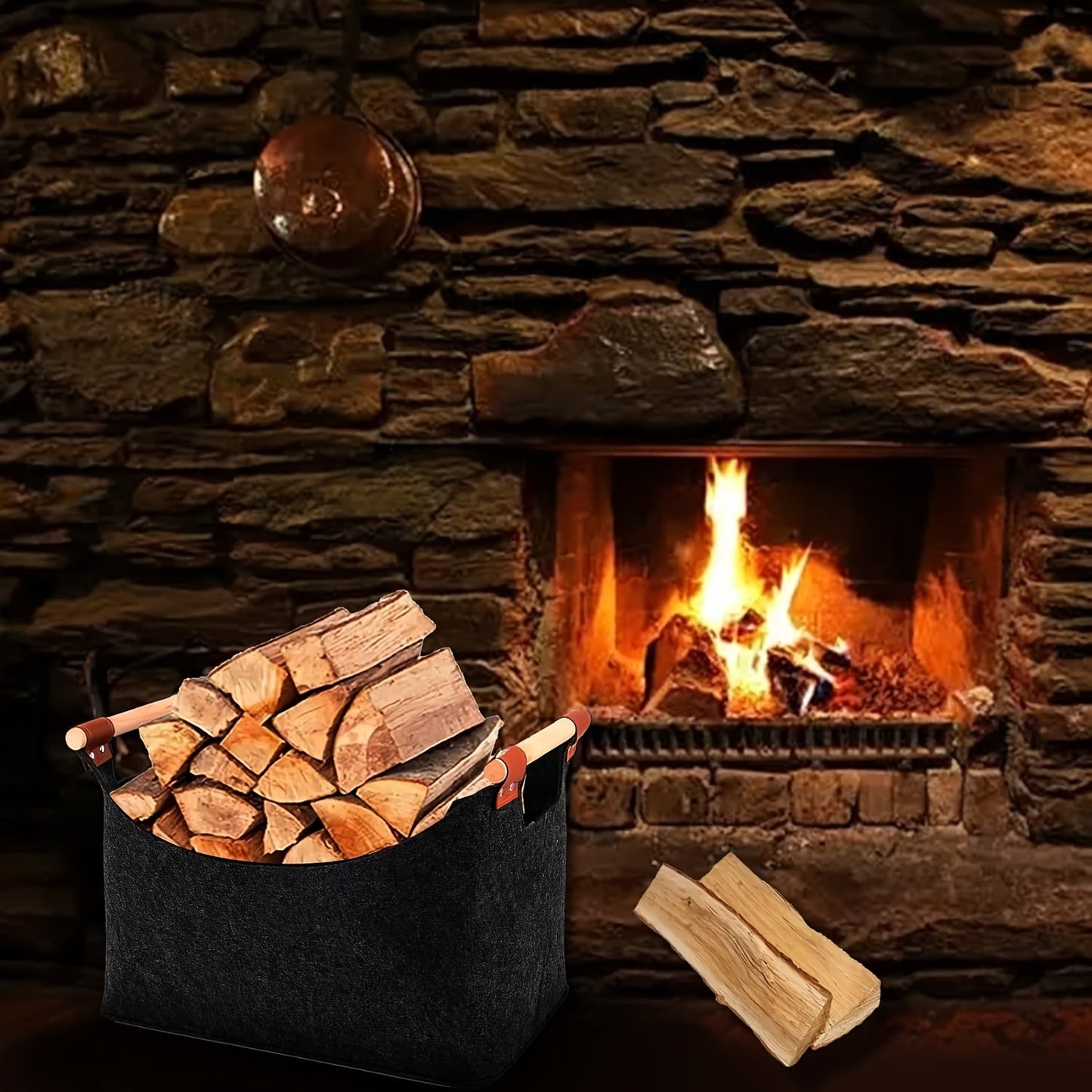 Large capacity firewood carrier with handles for indoor storage of firewood, toys, books, and clothes.