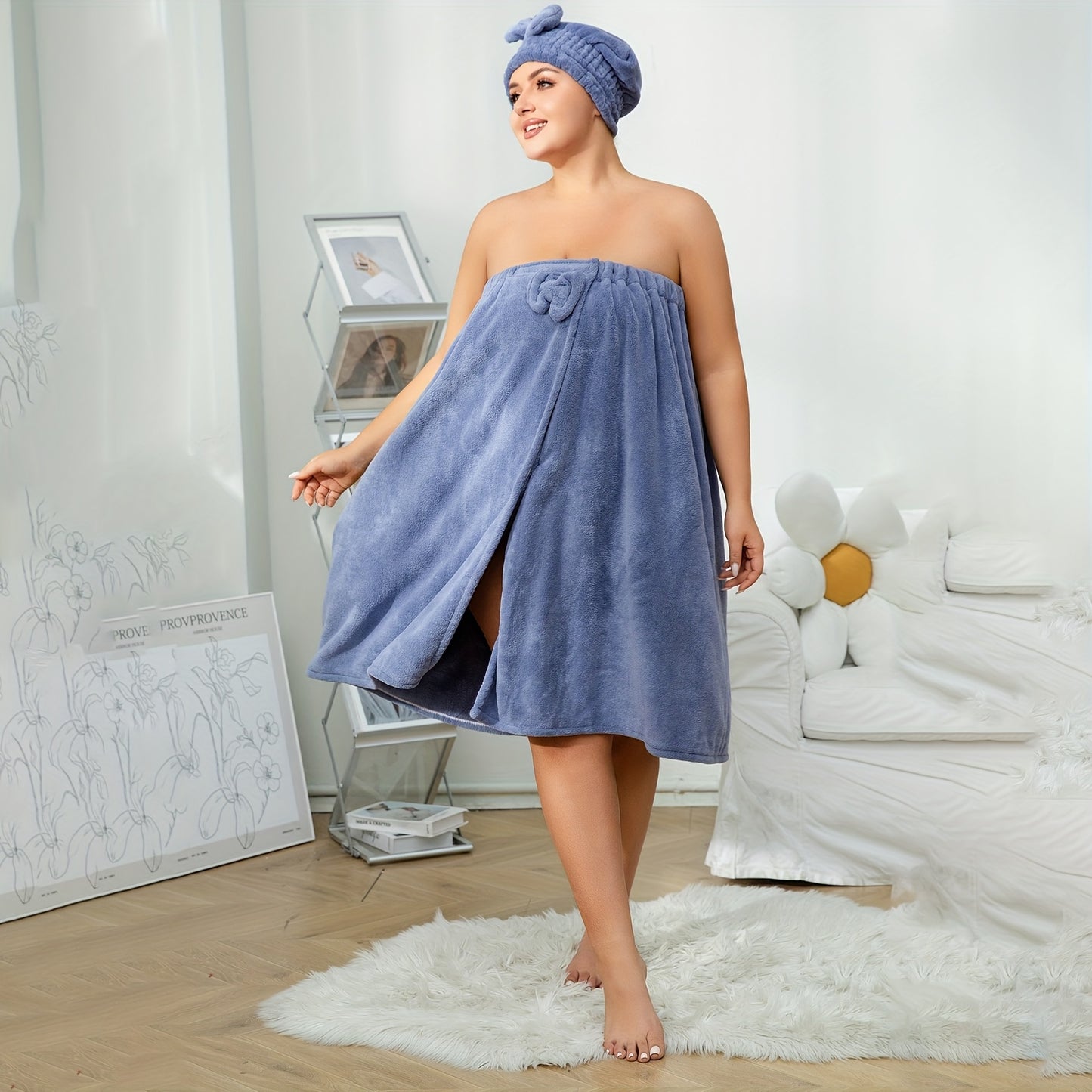 Luxurious 2-piece set: Oversized bathrobe with hook-and-loop closure, includes shower cap. Ideal for XXL-4XL sizes, great for home, travel, or as a Christmas gift.