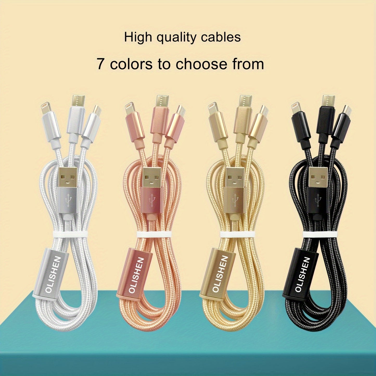 OLISHEN 3-in-1 Nylon Braided USB Charging Cable with multiple lengths (100.58cm/201.17cm/3.02meter) and fast charging capabilities for iPhone, Samsung, Xiaomi, and other devices. Can be