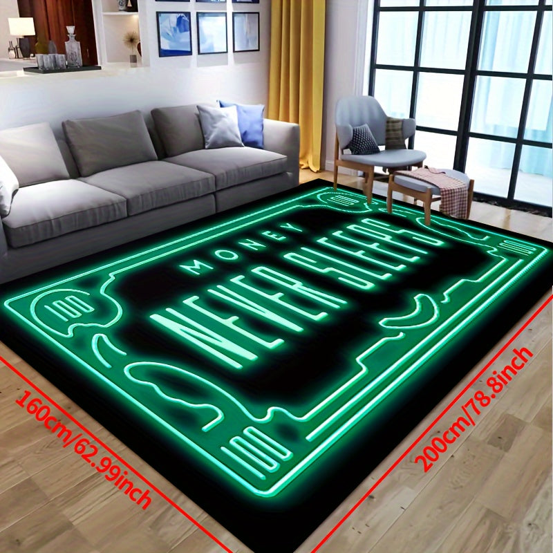 Money Never Sleeps Rug: This non-slip resistant mat features a print design and is machine washable and waterproof, making it perfect for use in the living room, bedroom, nursery, patio, garden, or yard. Enhance your home decor with this versatile rug.