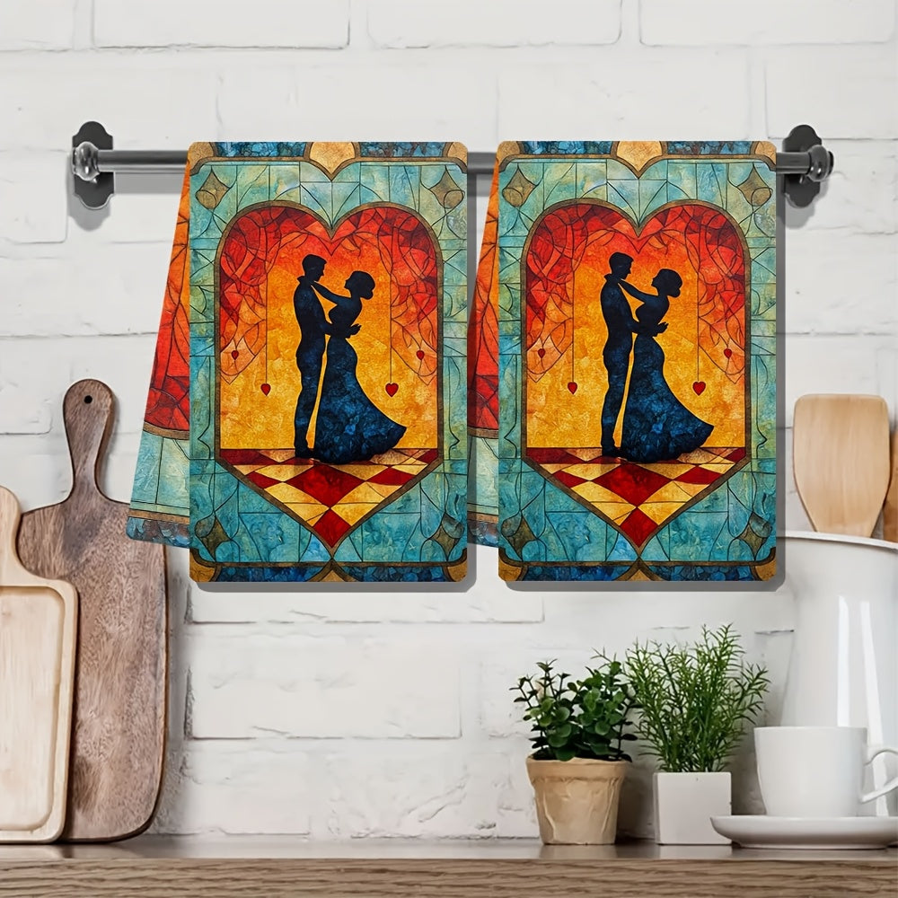 This collection includes two luxuriously soft kitchen towels showcasing an enchanting scene of a couple learning to dance in a class. The intricate artwork captures the pair mastering new steps under the guidance of their instructor, all set on a dance