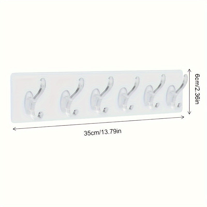 6-hook wall mount with easy-install waterproof adhesive for bathroom storage and organization.