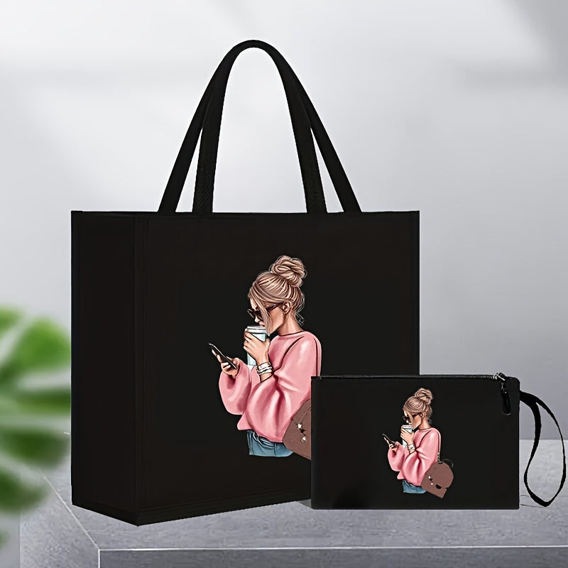 Women's tote bag set with coin purse, featuring cute girl print on black faux leather. Magnetic closure with fixed straps and faux leather lining.