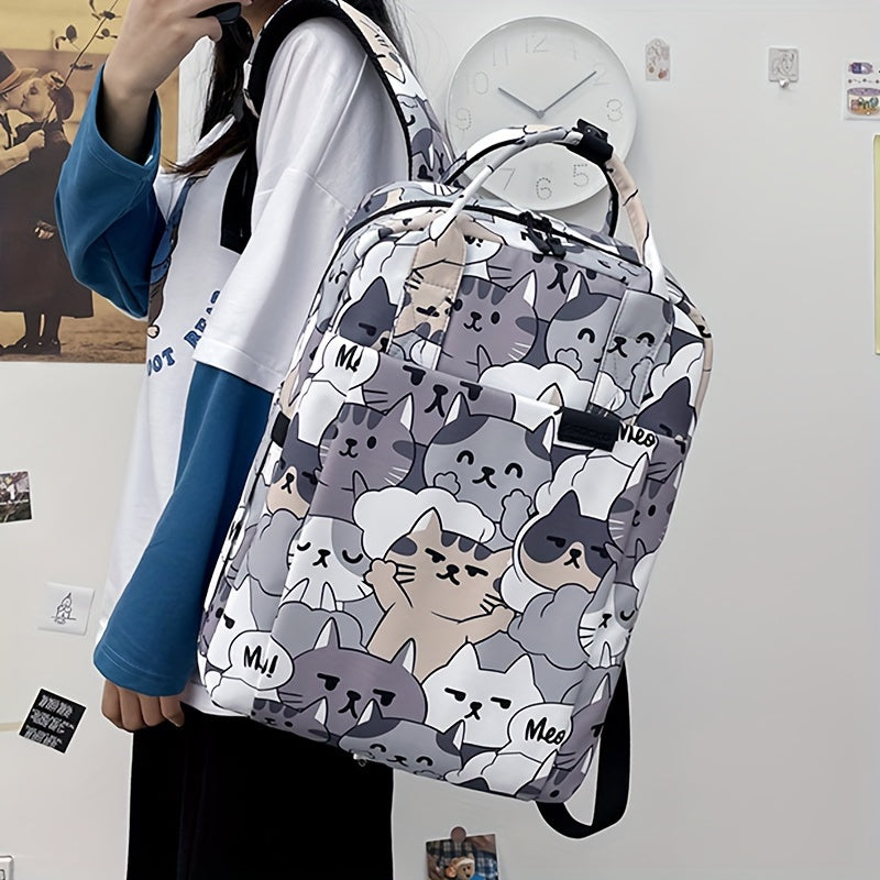 Spacious 39.62cm laptop backpack for men and women, shockproof and water-resistant with pink polyester material. Features practical pockets, cartoon animal design, perfect for high school